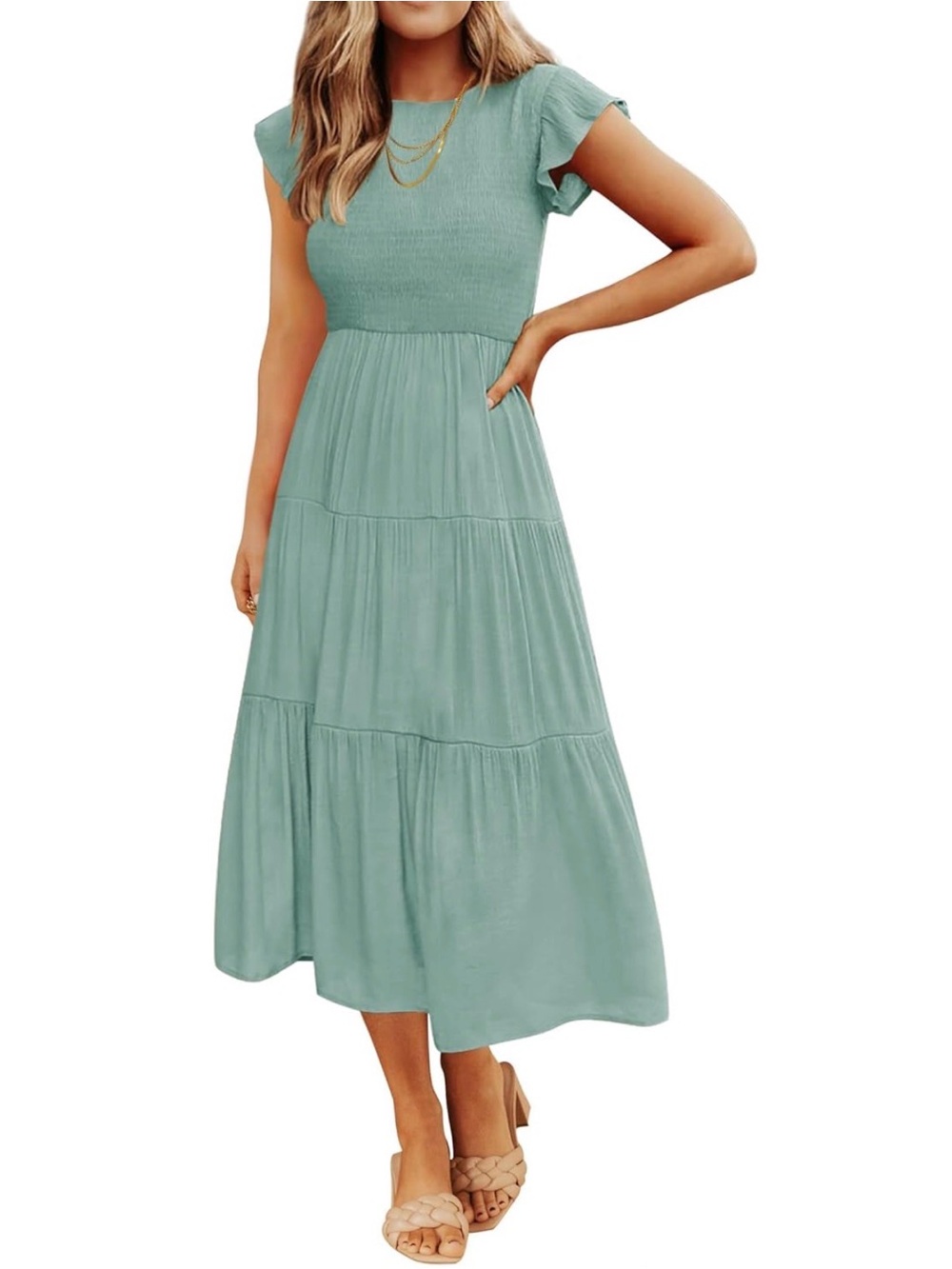 Smocked Sage Midi Dress with Tiered Skirt